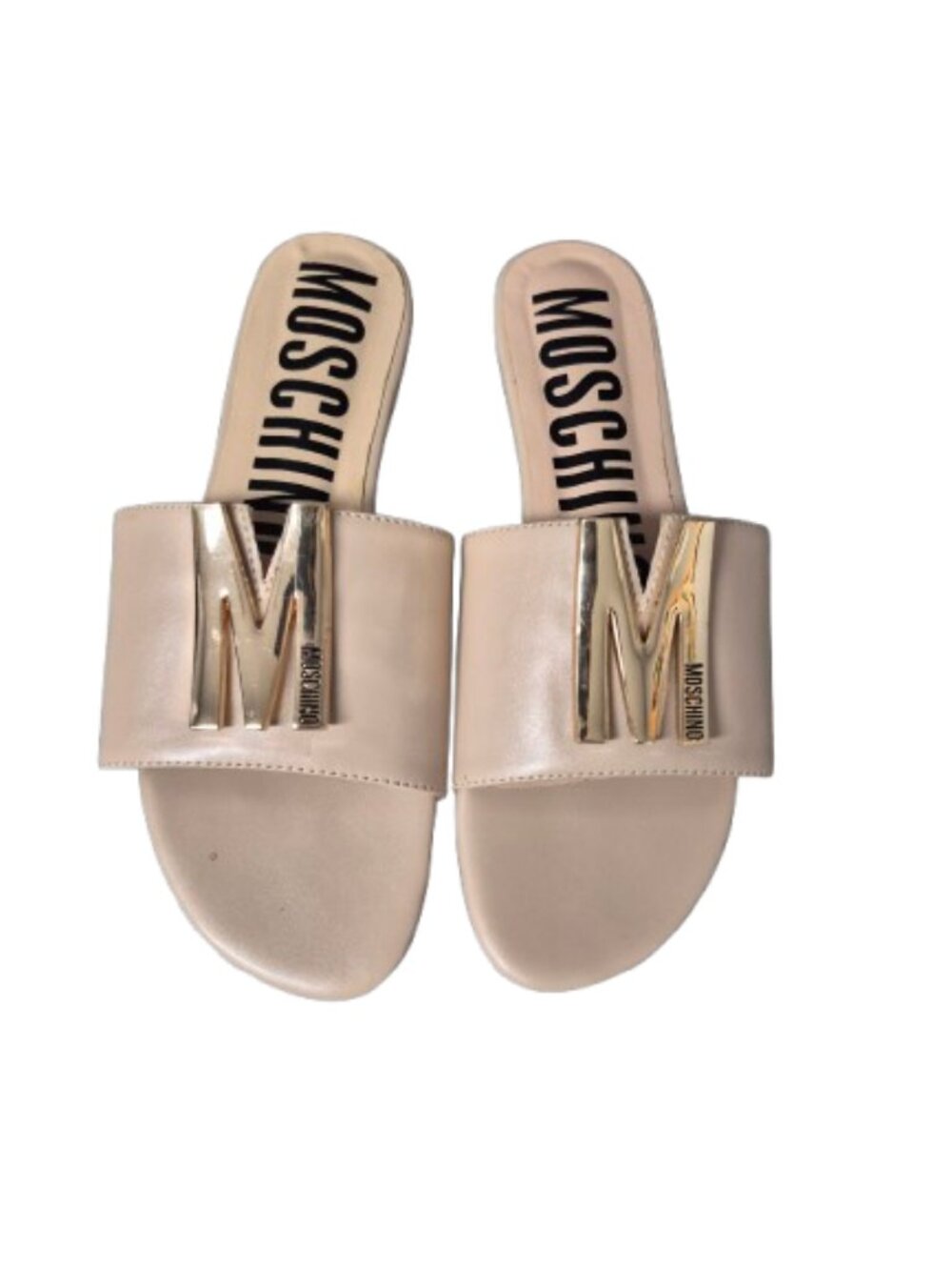 Moschino M Flat Sandals Slides Mules Beige with Gold M